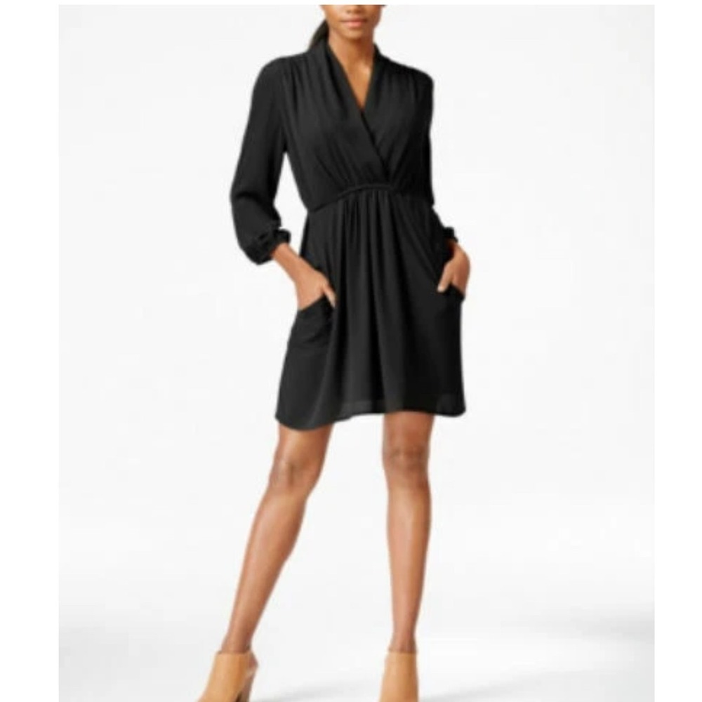 Bar III Black Wrap V Neck Drape Mini Dress with Pockets Size‎ S
